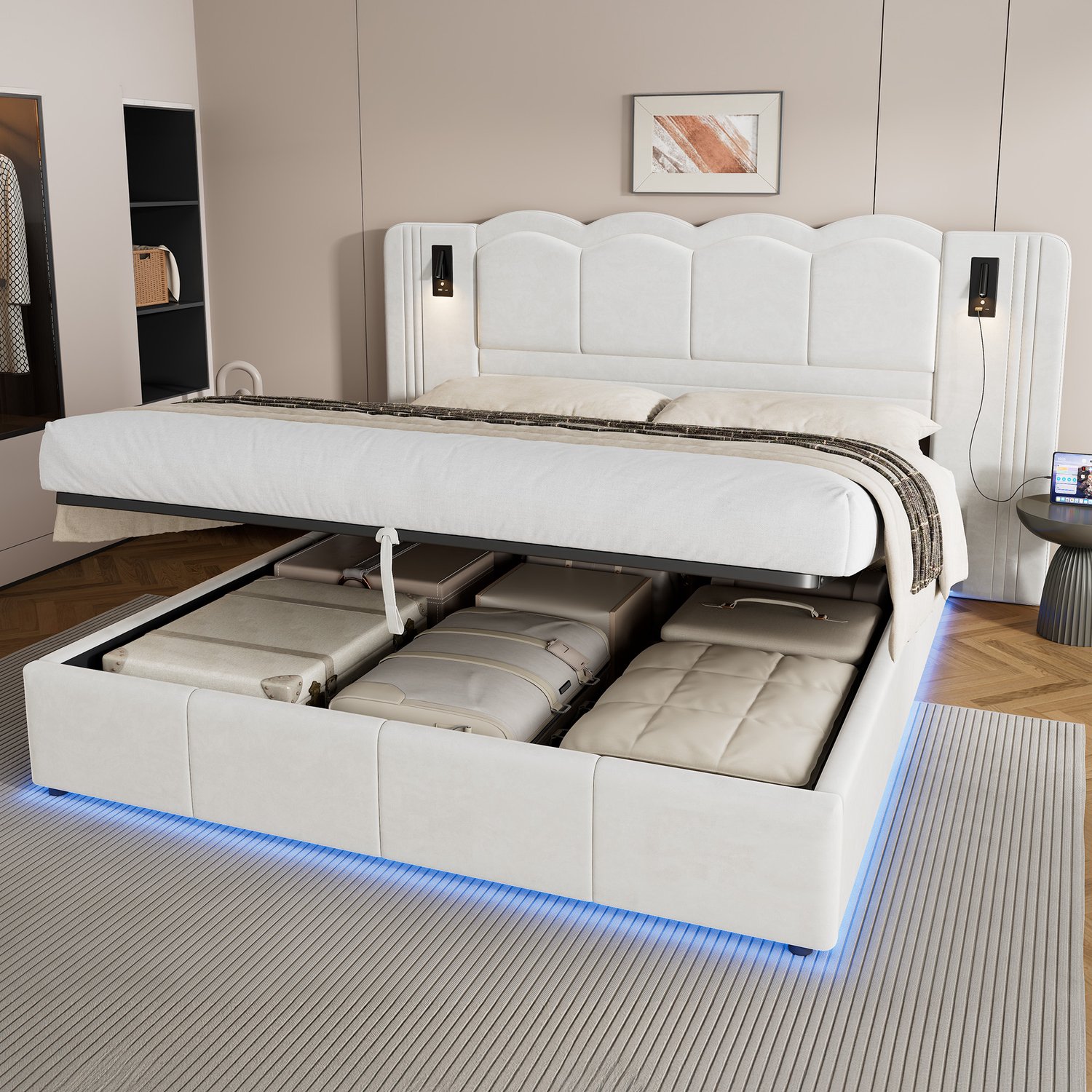 OKWISH Gestoffeerd Bed 180x200cm - Met Ledverlichting en Leeslampen - Hydraulische Opbergruimte - Fluweel - Zonder Matras - Wit