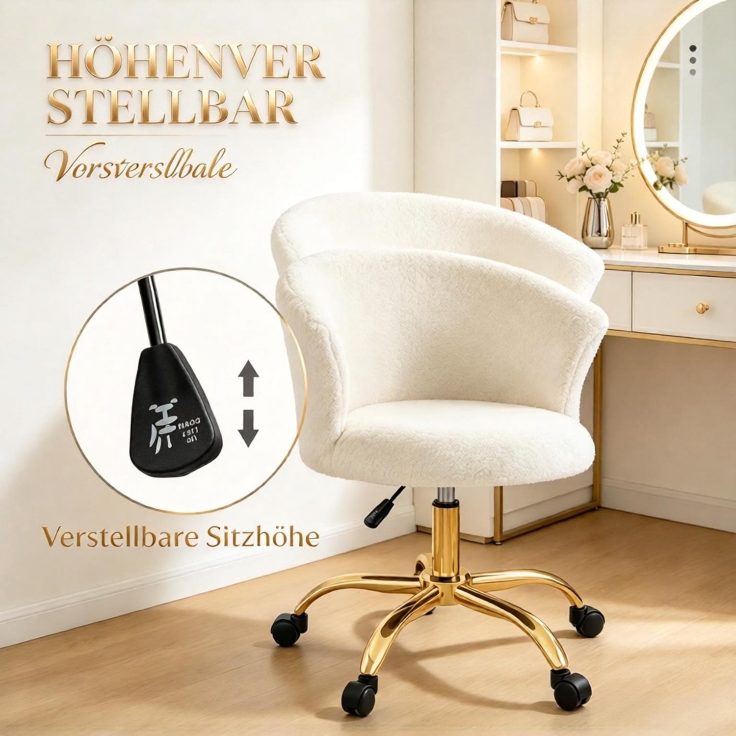 OKWISH Bureaustoel 58 x 56 x 68-76 cm - In Hoogte Verstelbaar en Draaibaar - Voor Werkkamer en Kantoor - Polyester en Staal - Wit en Goud