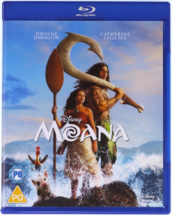 Blu-ray hoes van Disney's Moana in blauwe verpakking. Toont de cast en personages met PG-label linksonder.