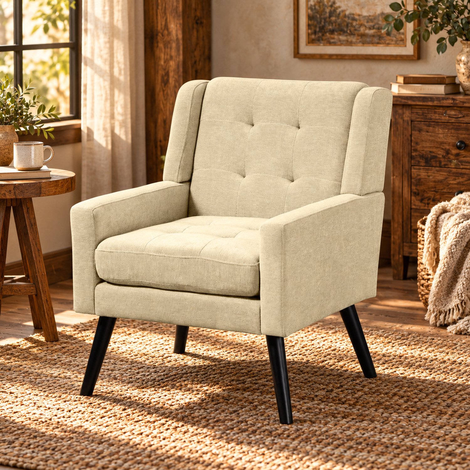 Mulder Living Fauteuil - Comfortabele TV-stoel - Leesstoel - Ergonomische stoel - Zachte stof - Linnen stof - Mid-Century Modern-stijl - Massief houten stoelpoten - Geschikt voor de woonkamer, slaapkame - Lichtbruin
