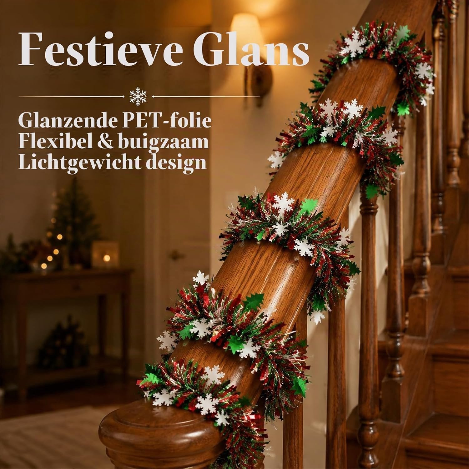 Kerstguirlande - Zilverwit - 8-delige set - Glitterfolie - Voor Deur en Boom – foto 5