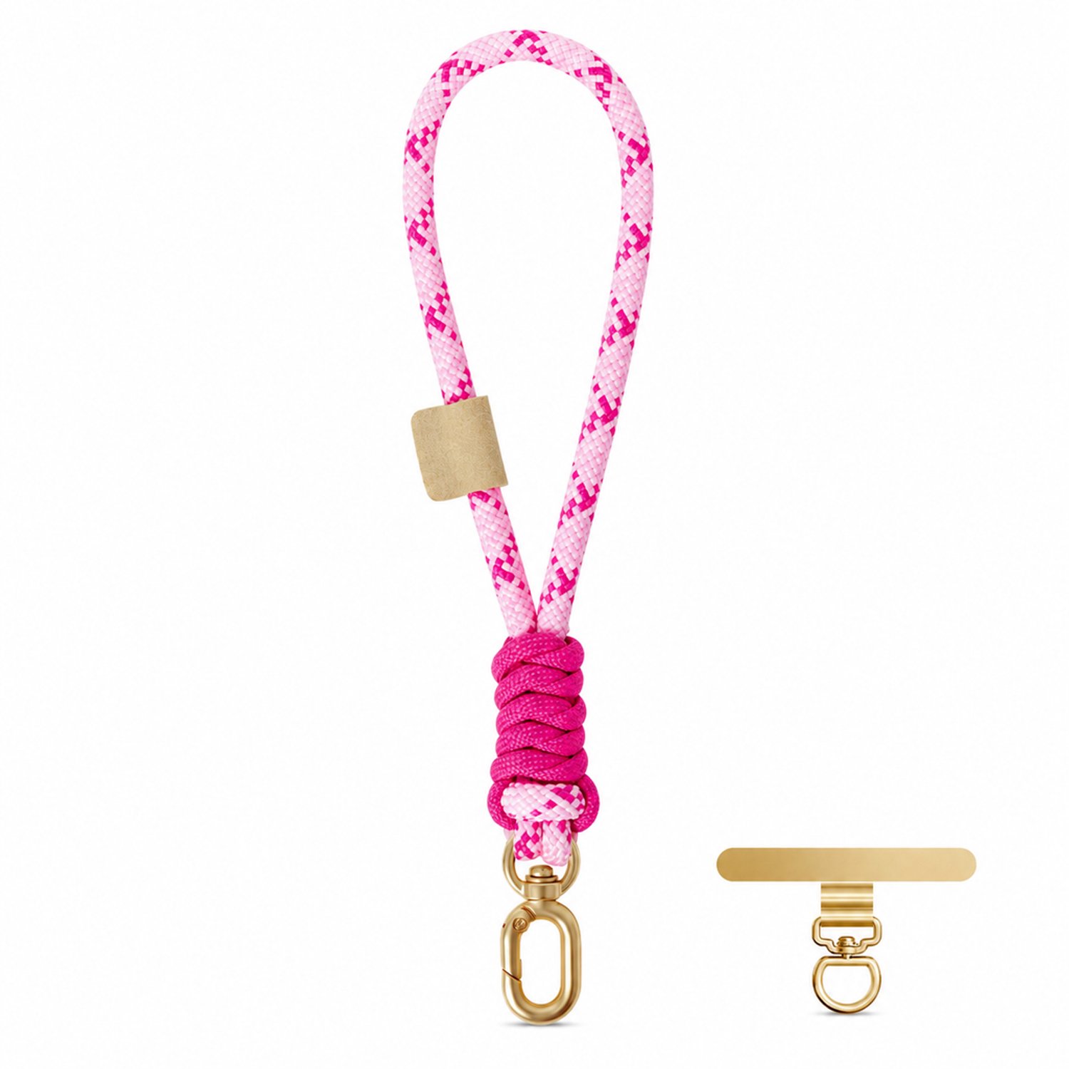Telefoonkoord voor de pols, ca. 16 cm, gevlochten polyester, fuchsia kruismotief, metalen sluiting en bevestigingslip, apart verpakt