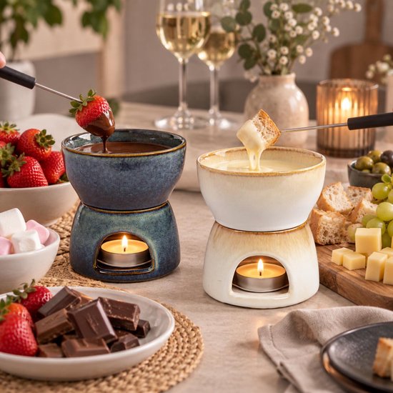 Bellatio Design Chocolade of kaas fondue set - met 2 vorken - creme wit - porselein - voor 2 personen- moederdag - cadeau — afbeelding 3