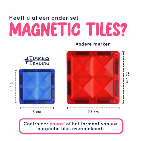 Blauwe (5cm) en rode (7,5cm) magnetische tegels ter vergelijking. Controleer of uw huidige set overeenkomt.