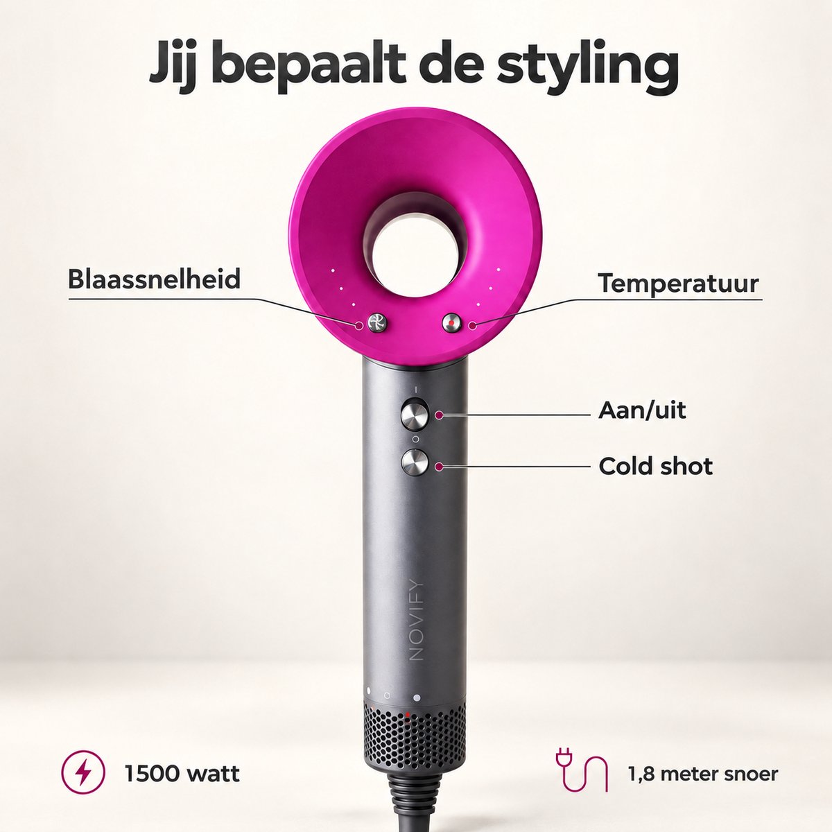 NOVIFY® Fohn - Fohnborstel - Haardroger met 5 opzetstukken - Fohn met Diffuser - 1500W - Velvet Steel - 2025 thumbnail 4