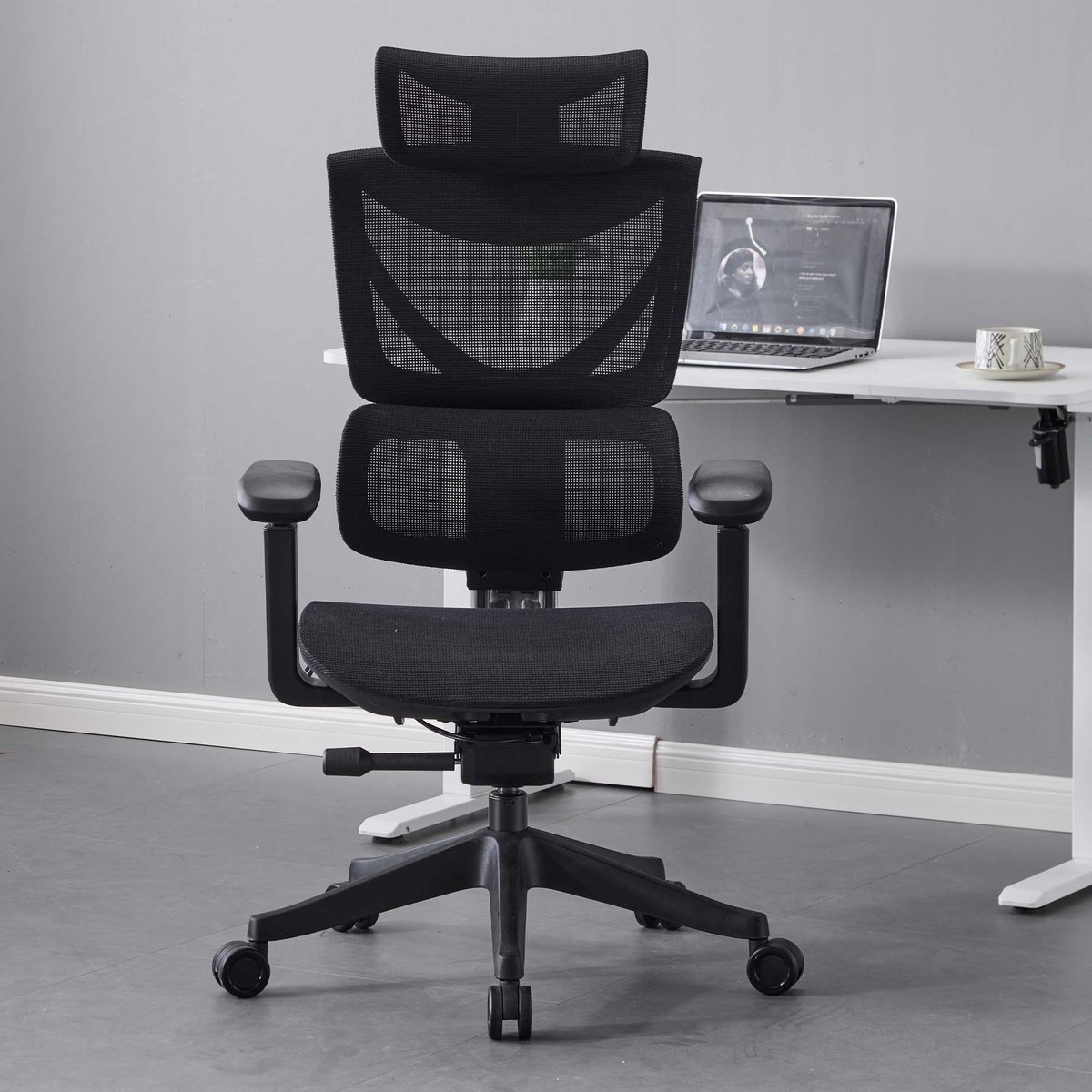 COVREO Ergonomische bureaustoel met lendensteun – Draaistoel met mesh – Werkstoel met hoofdsteun – 73,4x73,4x110,5-134,9 cm – Zwart