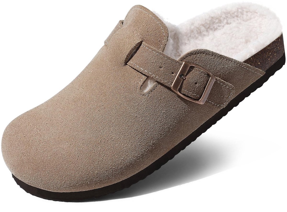 Homaxy - Unisex Clogs - Klompen Voor Dames - Klompen Van Echt Suède Met Bontvoering - Houten Cogs - Abrikoos - 37 - Geschikt voor een voetlengte van 22.9cm