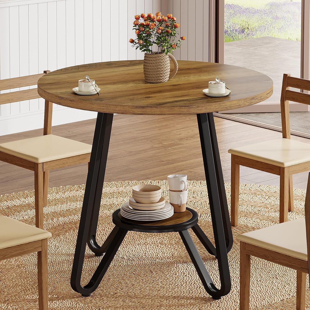 Tribesigns Ronde Eettafel voor 2-4 personen - 80 x 80 x 75 cm - Industrieel Keukentafel met opbergplanken - bruin - voor keuken, eetkamer, eetkamer en kleine ruimtes Bruin/Zwart