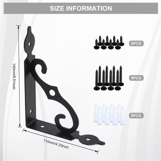 Set van 4 Planksteunen, 14 x 11 cm, Zwarte Metalen Plankdragers voor Wandconsoles in Leeromgevingen, Tuinen en Keukens — afbeelding 2
