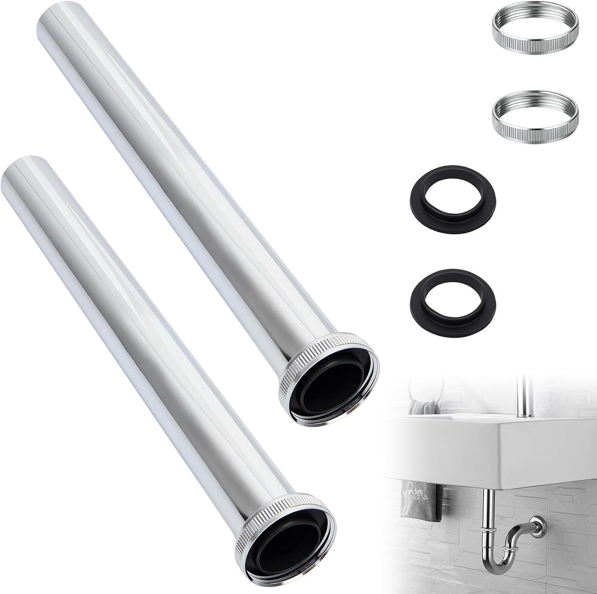 Universele Immersietube Sifon, 2 Stuks, 300 mm Afvoeruitbreiding met Moer en Rubberafdichtingen voor Onder de Gootsteen, Ideaal voor Afvoer en Verlenging
