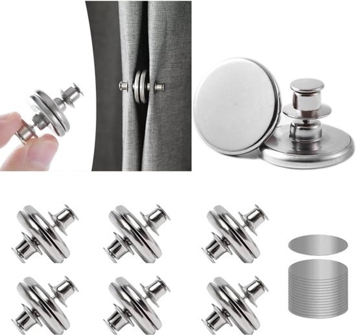 Magnetische gordijngespen - Lichtblokkerende clips - Voor het sluiten van gordijnen - Sterk magnetisch ontwerp - 6 stuks - Zilver