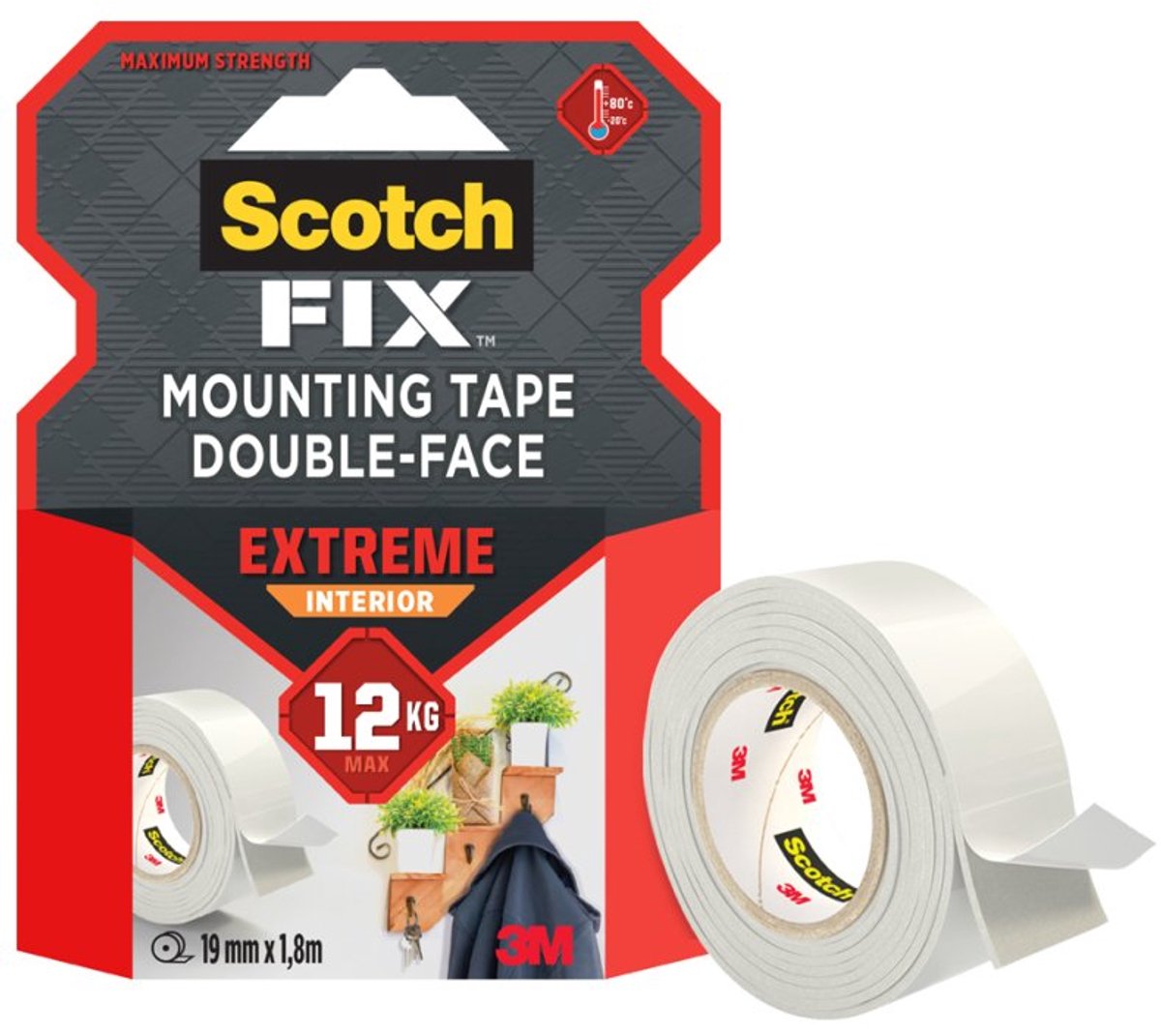 Scotch dubbelzijdige montagetape Extreme, 19 mm × 1,8 m, 12 kg draagkracht