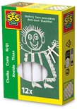 Doos met 12 witte krijtjes, "SES CREATIVE" logo en kindertekening van een persoon op schoolbord. Stofvrij.
