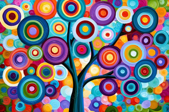Abstracte boom met cirkels in blauw, paars, oranje, geel, groen, roze en rood.
