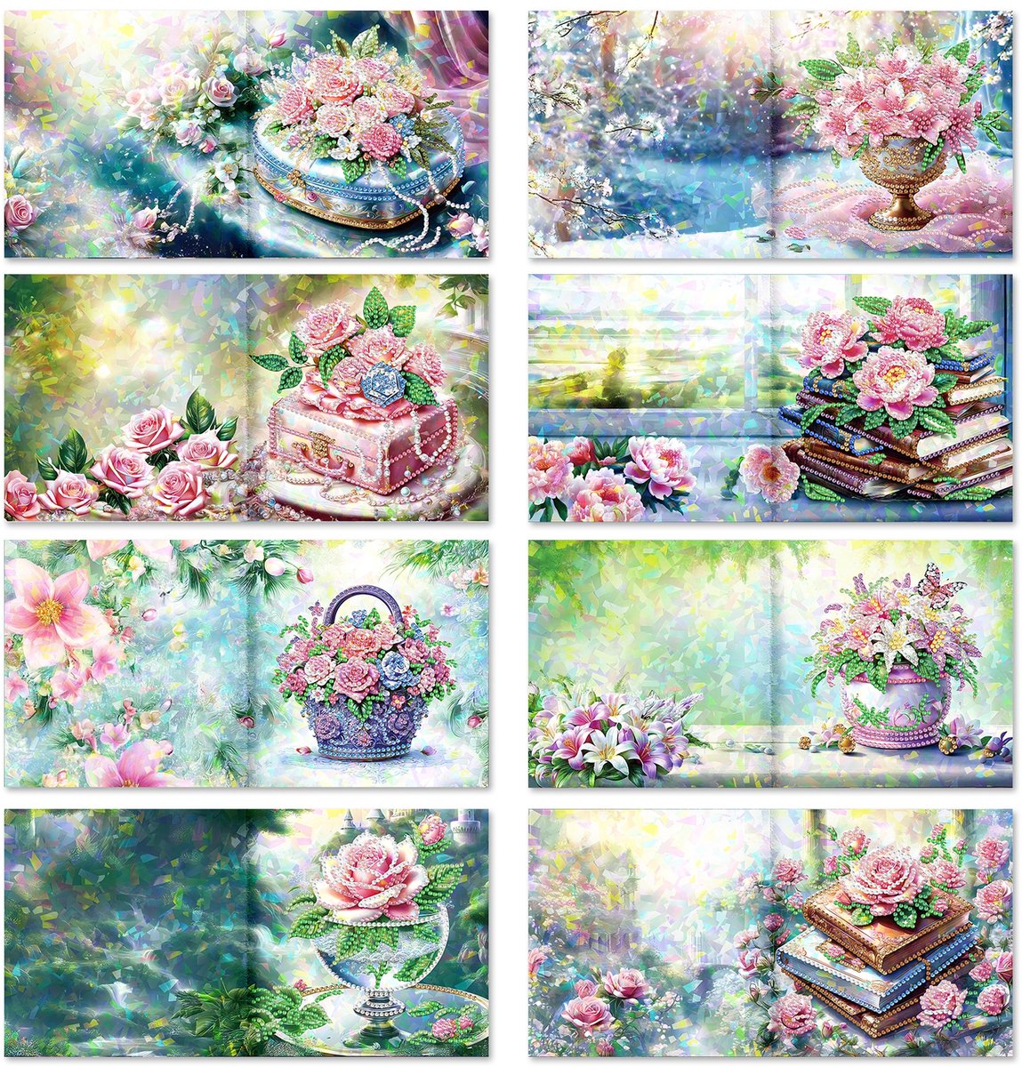 Nolad - Diamond painting kaarten - Set 8 stuks Inc Enveloppen - Diamond painting volwassenen & kinderen - Bloemen