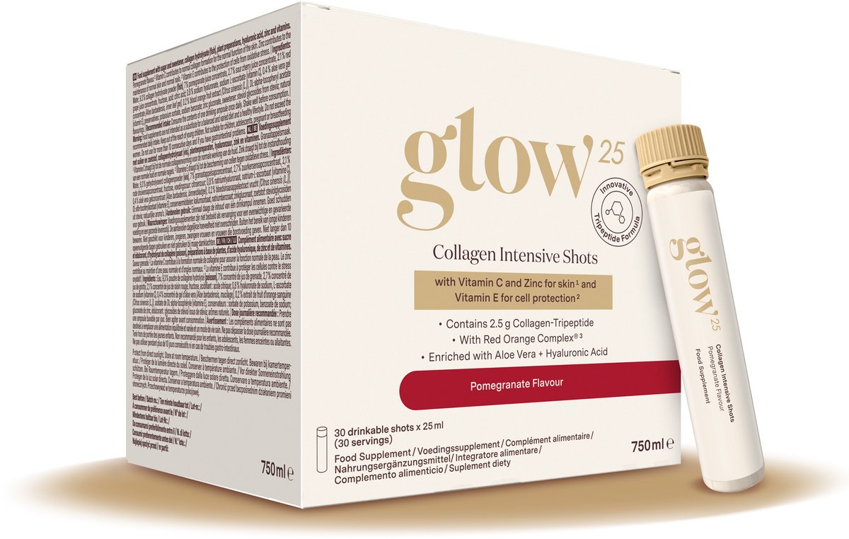 Glow25 Collagen Intensive Shots [30 shots] | hyaluronzuur, aloë vera & vitamine C | voor huid, haar en nagels | smaak van kersen en rode druif