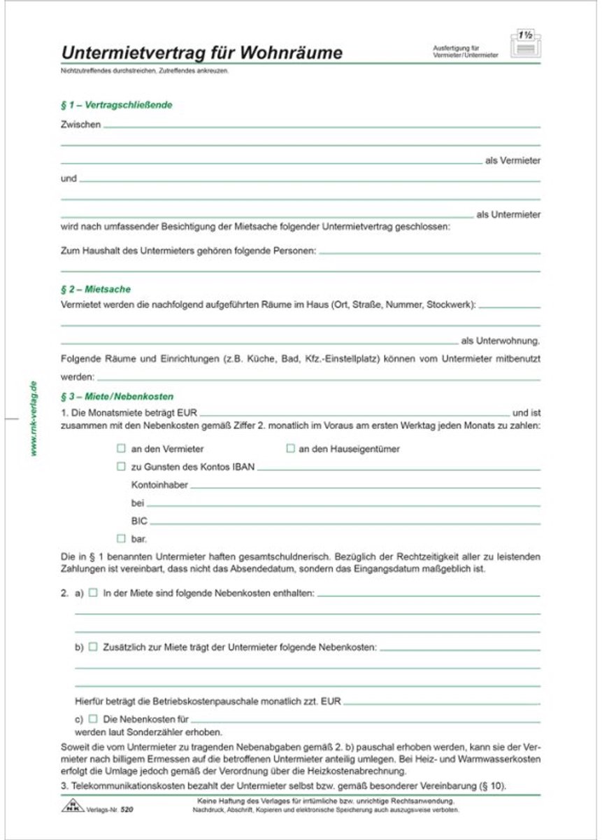 RNK Verlag onderhuurbontract voor woonruimtes, A4, 4-zijdig gevouwen, 10 contracten