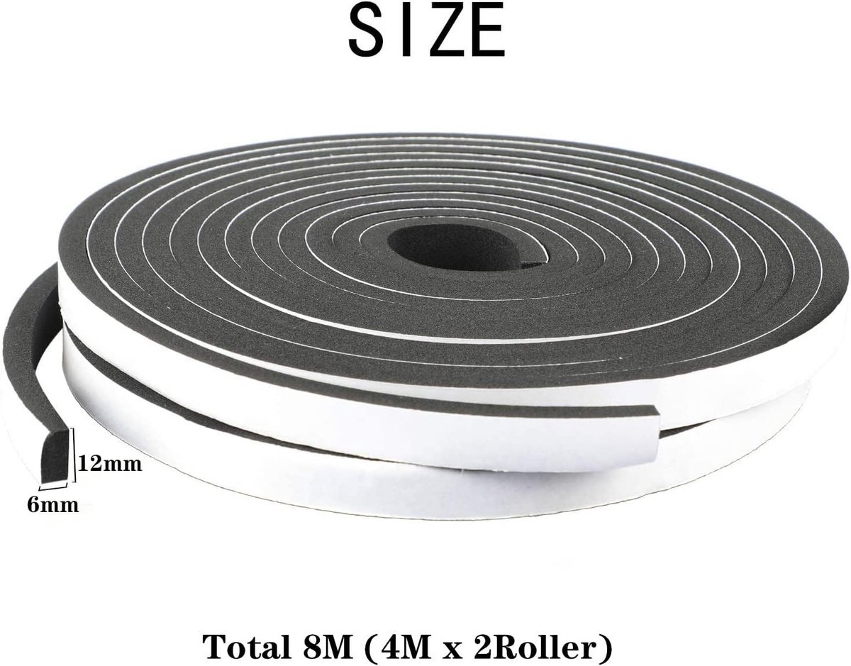 Zelfklevende Sealing Tape voor Deuren en Ramen, 12mm x 6mm, Geluidsisolatie en Schokabsorptie, 8m Lengte (2 Rollen)