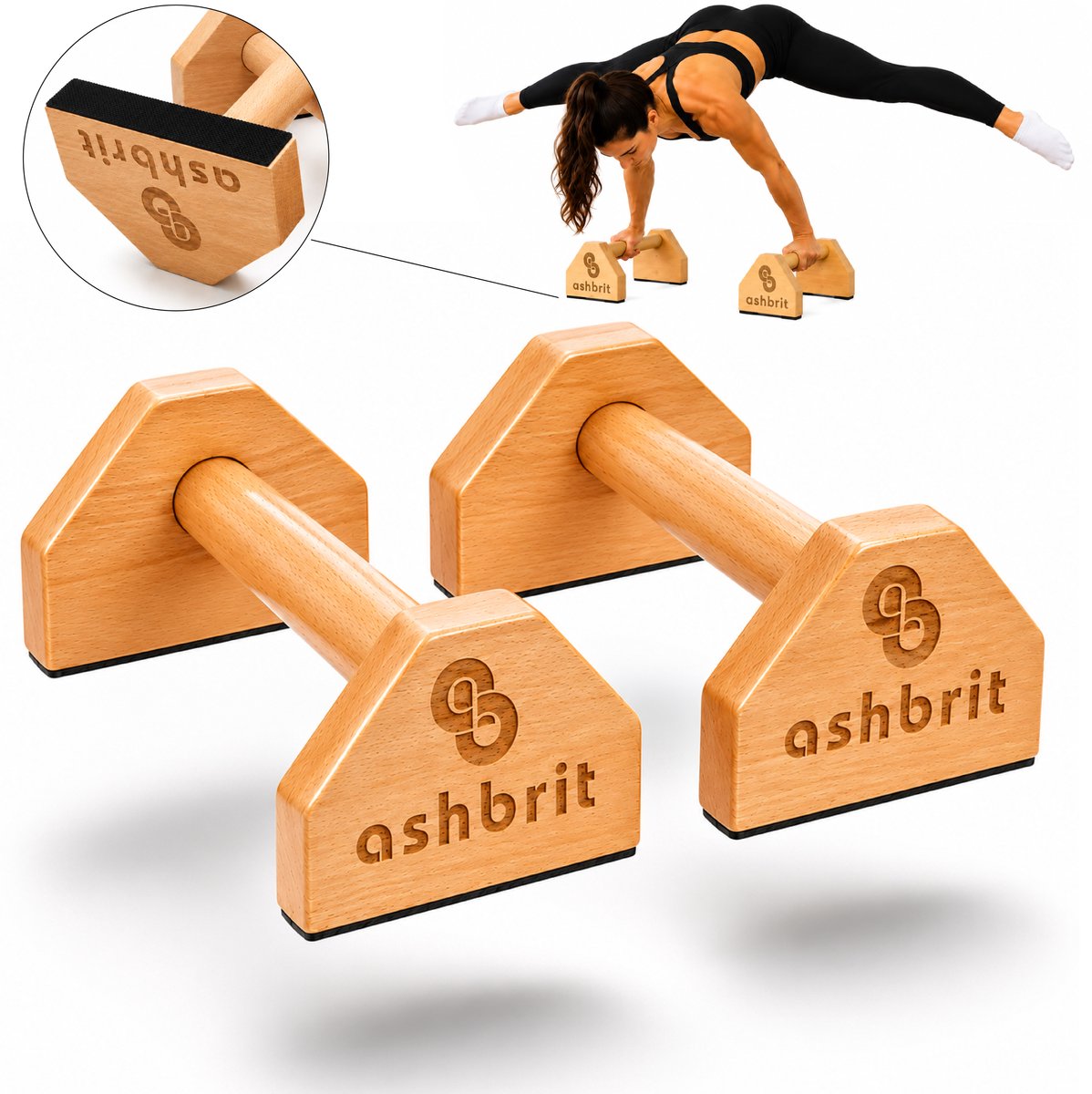 Ashbrit® Beukenhouten Parallettes - Opdruksteunen - Dip bars - Push up bar - Calisthenics - Fitness - 11 cm hoog