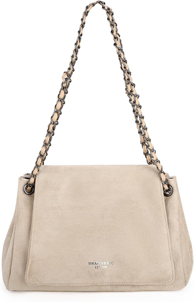Stijlvolle Vegan Suede Schoudertas voor Dames met Kettingriem en Rimpelontwerp, Zachte Vintage Crossbody Tas in Beige, Perfect voor Dagelijks Gebruik en Uitgaan