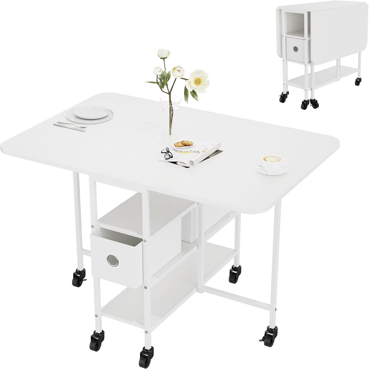 Ruimtebesparende opklapbare eettafel – uitklapbaar blad – opberglade – 2 planken – verrijdbare keukentafel – 115 × 80 × 76 cm – wit