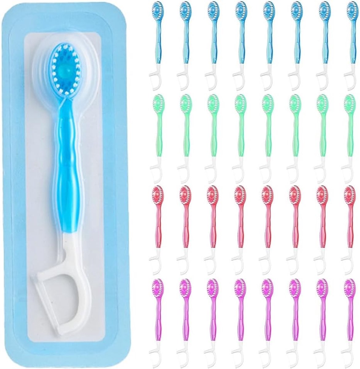 5-in-1 Mini Tandenborstel Set met 32 Wegwerp Tandenborstels, Tandpasta, Tandzijde, Tongschraper en Tandenstoker voor Reizen en Kamperen