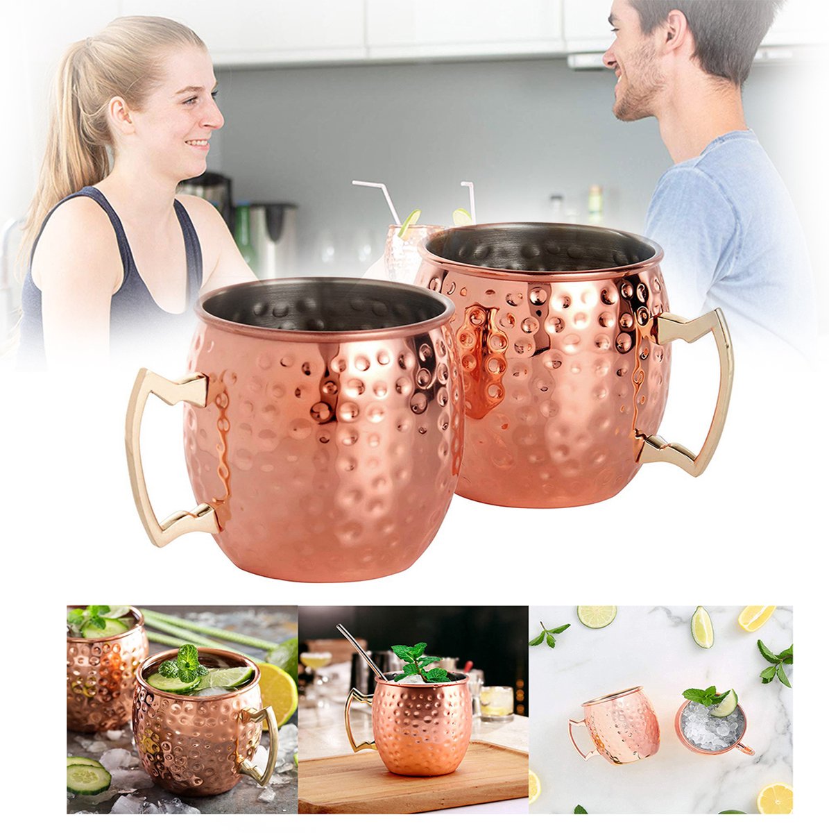 Koperen Moscow Mule Mokkenset, Mok Met Gehamerd Uiterlijk Voor Een Moscow Mule, 530 Ml Voor Cocktails, Gin, Bier en Koude Dranken.
