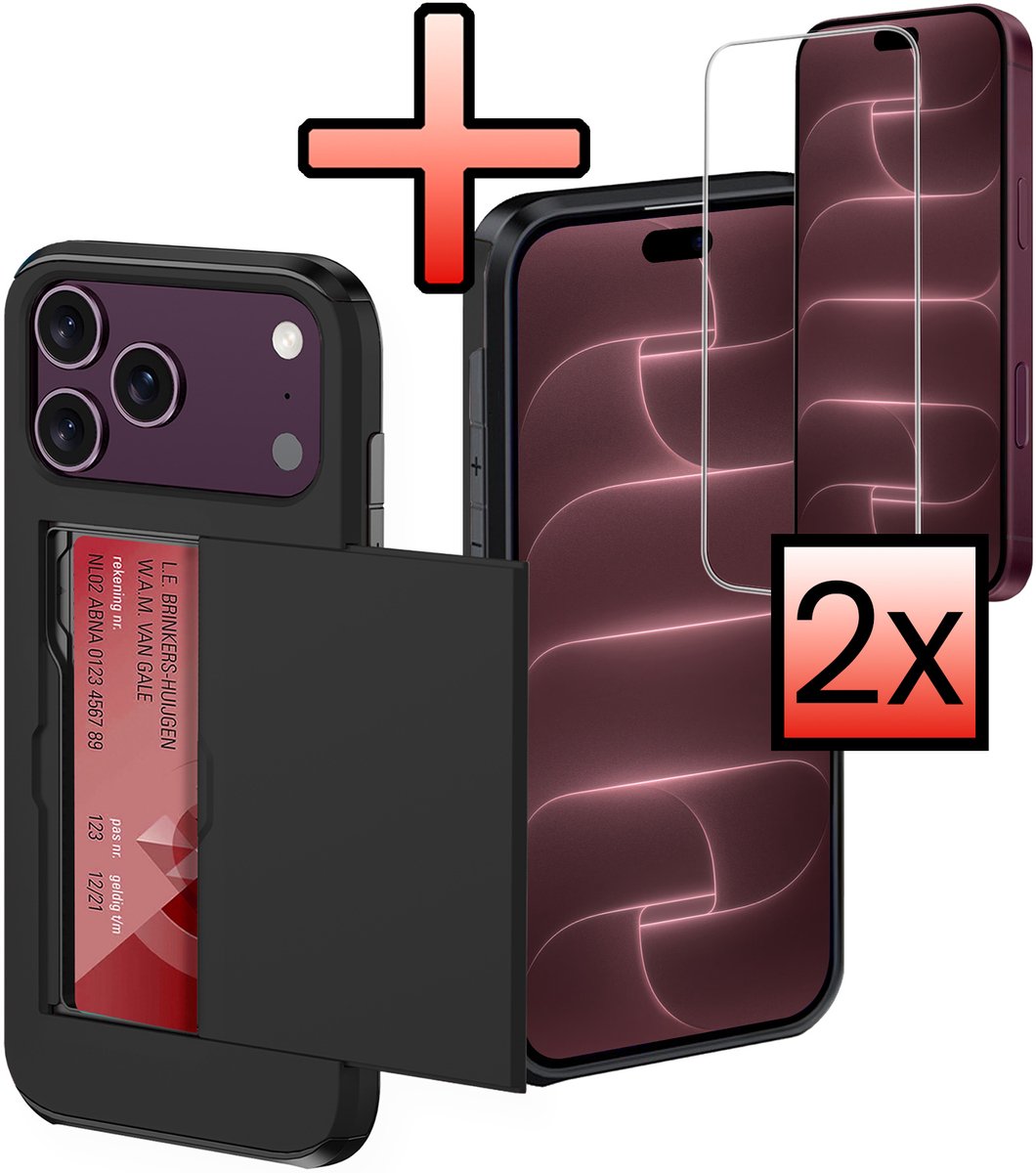Hoes Geschikt voor iPhone 18 Pro Hoesje Pasjeshouder Hard Cover Met 2x Screenprotector Shock Proof Hard Case Hoes Met Kaarthouder - Zwart