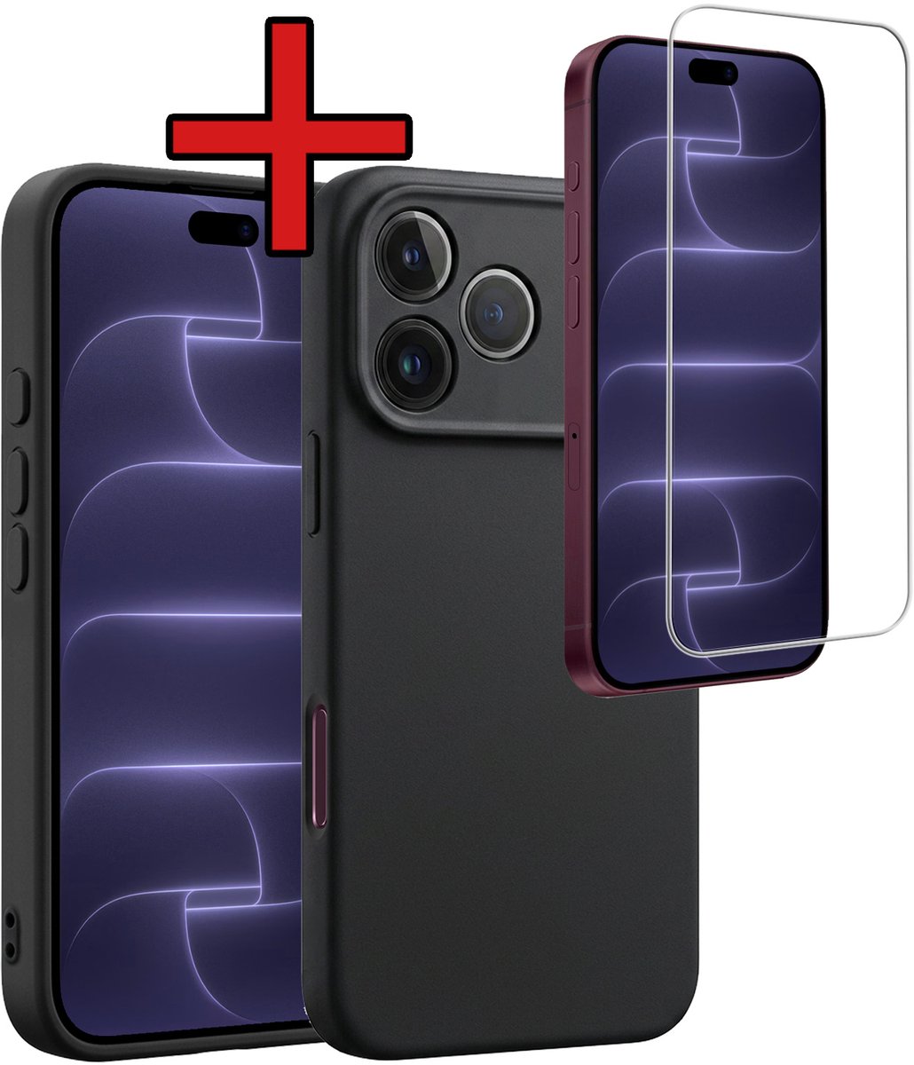 Hoesje - Met Screenprotector - Geschikt voor Apple iPhone 18 Pro - Sterk & Shockproof - Telefoon Hoes - Back Cover - Siliconen Case - Telefoonhoes - Zwart