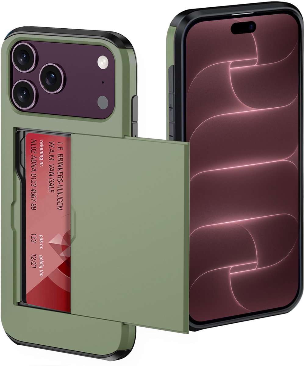 Hoes Geschikt voor iPhone 18 Pro Max Hoesje Pasjeshouder Hard Cover Shock Proof Hard Case Hoes Met Kaarthouder - Donkergroen