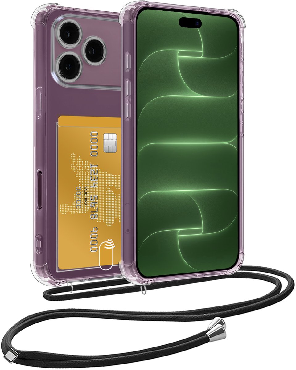 Hoes Geschikt voor iPhone 18 Pro Hoesje Pas Houder Shock Proof Case Hoes Met Koord - Hoesje Geschikt voor iPhone 18 Pro Hoes Met Telefoonkoord Pasjeshouder Cover - Transparant
