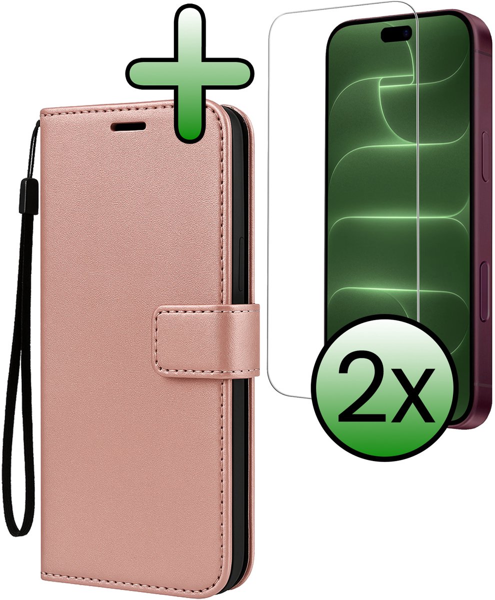 Hoesje Met 2x Screenprotector - Geschikt voor Apple iPhone 18 Pro Max - Luxe Pasjeshouder - Bookcase Portemonee - Flip Case - Kunstleer Book Case - Flipcase Hoes - Book Cover - Walletcase - Portemonneehoes - Rosé goud