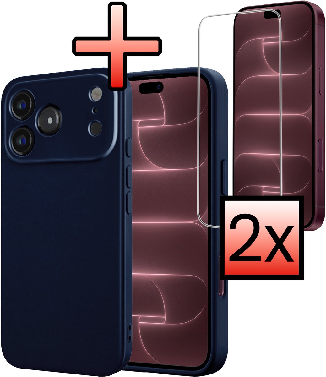 Hoesje - Met 2x Screenprotector - Geschikt voor Apple iPhone 18 Pro - Sterk & Shockproof - Back Cover - Siliconen Case - Telefoon Hoes - Donkerblauw