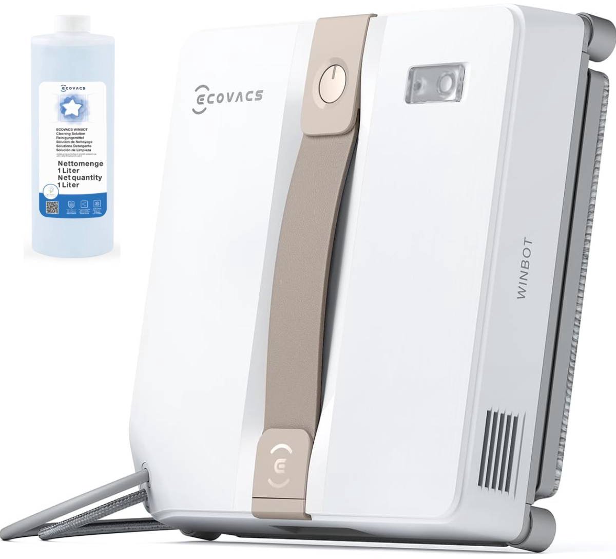 Ecovacs Winbot Mini Robot Ramenwasser - Robot Ramenreiniger - Ruitenreiniger - 9‑Traps Veiligheidssysteem - Dubbele Sproeiers - Intelligente Routeplanning - 3 Reinigingsmodi - Beige - Voor Ramen, Spiegels, Glazen Deuren - 1000ml Schoonmaakmiddel