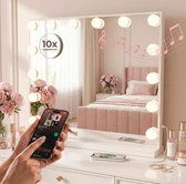 Verlichte Hollywood make-upspiegel met 15 dimbare LED lampen, een ingebouwde Bluetooth speaker, en USB oplaadpunt. De spiegel is wit en staat op een witte kaptafel.
