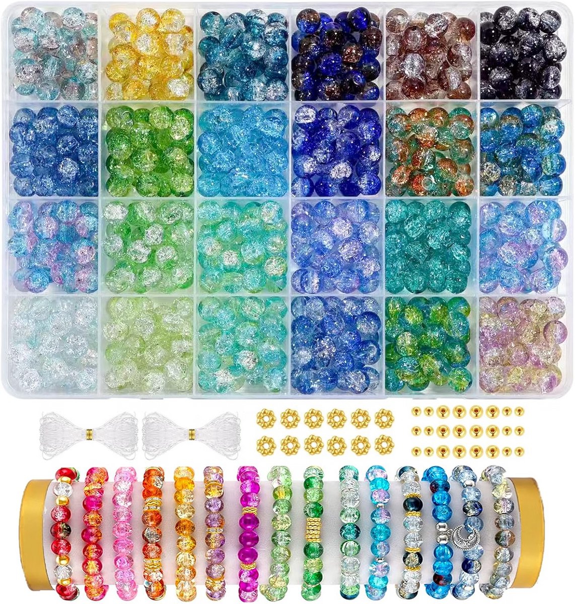 Glaskralen voor armbanden - Sieraden zelf maken - Ronde edelsteen kralen - Kleurrijke patronen rijgen - Inclusief stretchdraad schaar - Gesorteerde opbergdoos - Kinderen en volwassenen - Meerkleurig - 8 mm