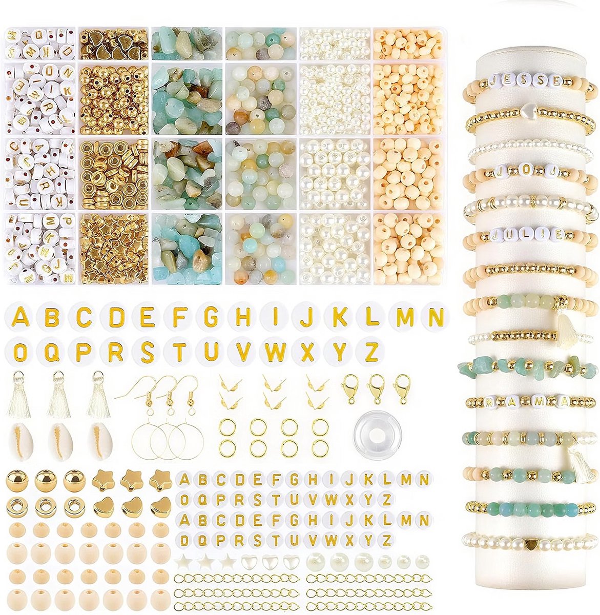 Natuursteen kralen - Armbanden zelf maken - Letterkralen met amazoniet - Kettingen en oorbellen - Inclusief sieradenbeslag - Elastische draad inbegrepen - Opbergdoos met vakken - Natuurlijke kleuren - 2200+ delen