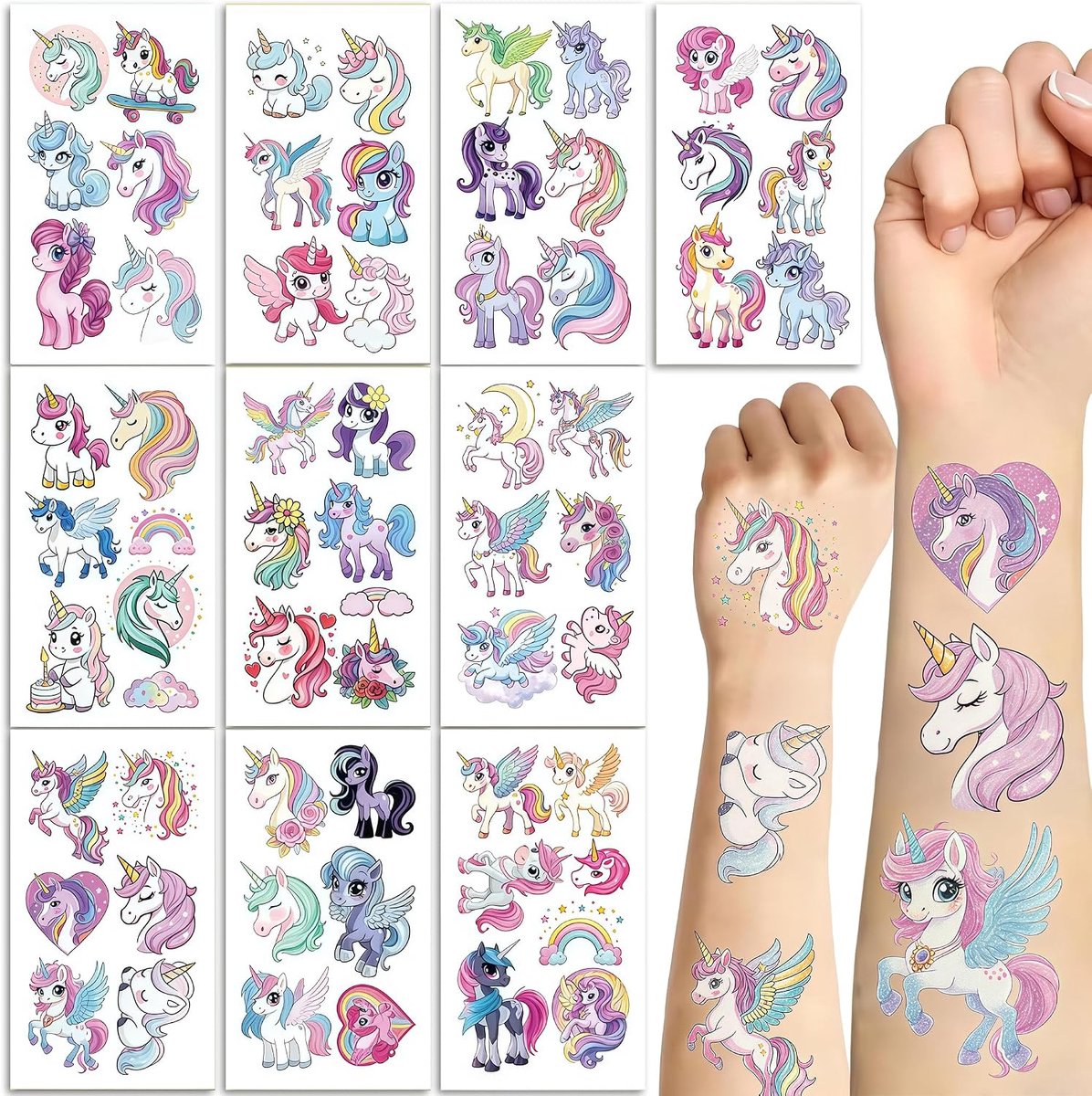 Tattoos Meisjes, 12 Vellen Glitter Tattoo Set, Kindertattoos Huidvriendelijk, Lichtgevende Tattoos Kinderen, Eenhoorn Stickers, Tijdelijke Tattoos