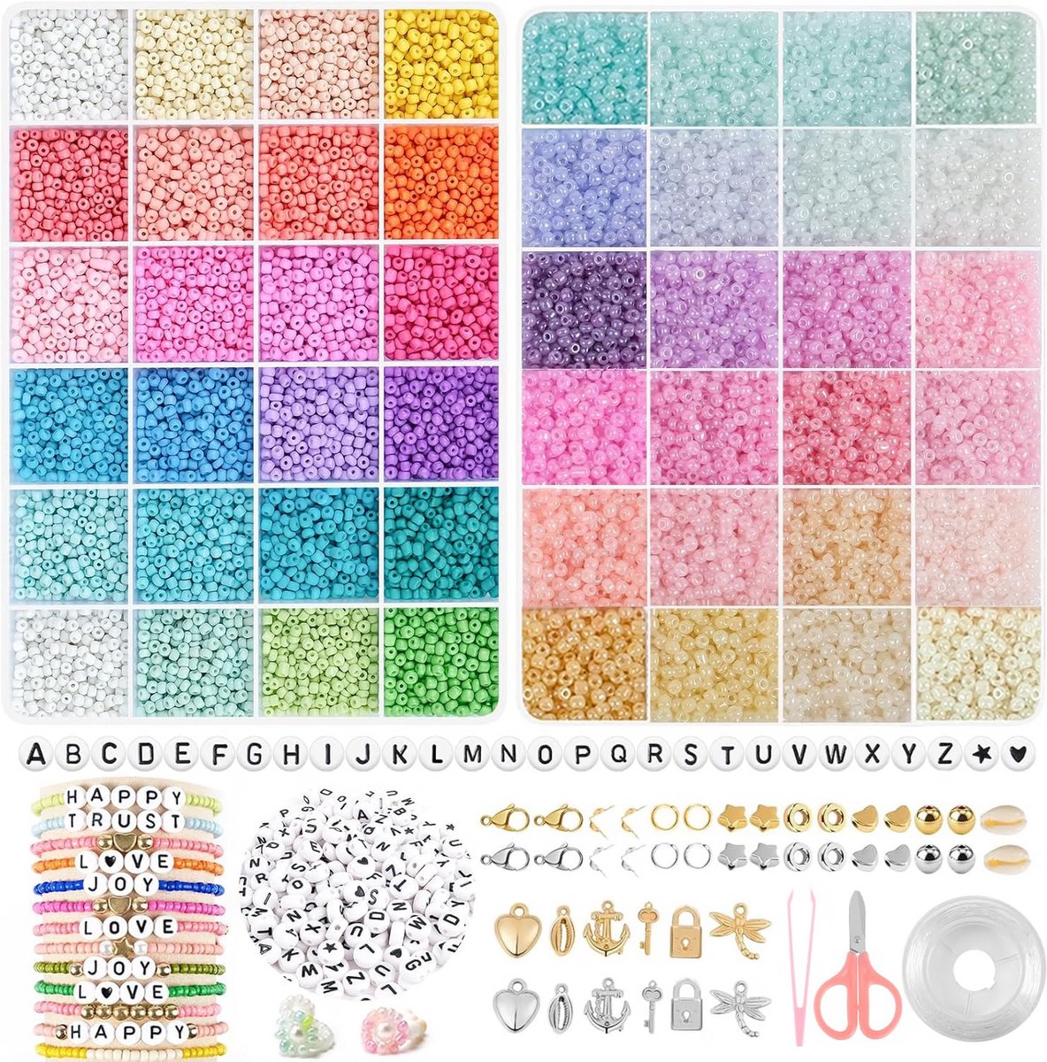 Kralenset Armbandjes Maken - Diy Sieraden Kinderen - Kralen Knutselset Meisjes - Letterkralen En Hangers - 18000 Stuks Glaskralen - Leuk Verjaardagscadeau Setje - Macaron Crème - 3mm