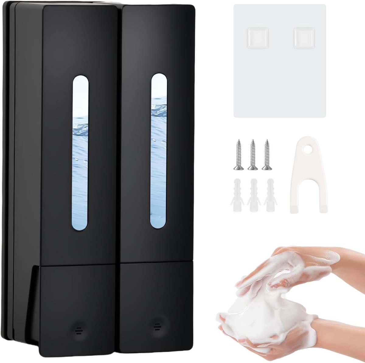 Muurbevestigde Zeepdispenser zonder Boren, 400 ml, Geschikt voor Gel, Shampoo en Zeep, Ideaal voor Badkamer, Keuken, Hotel en Kantoor, Zwart met 2 Compartimenten