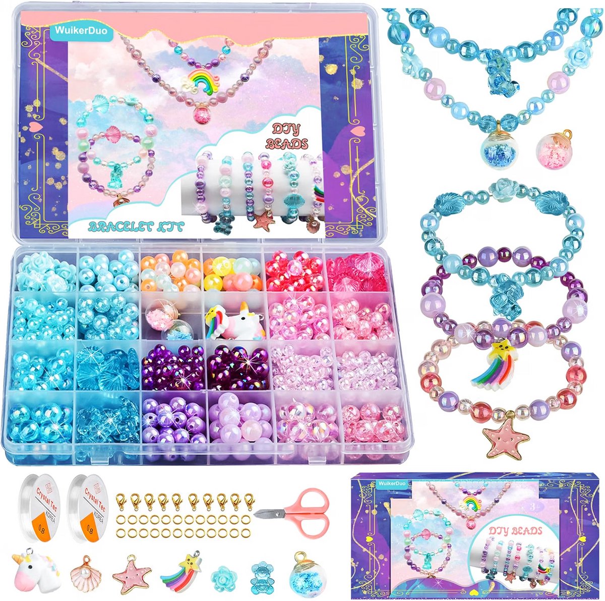 Kralenset voor kinderen - Armbandjes zelf maken - Kettingen sieraden knutselen - Creatief handwerk cadeau - Inclusief schaar handleiding - Hangers met rubberdraad - Roze paars blauw - 18 kralen