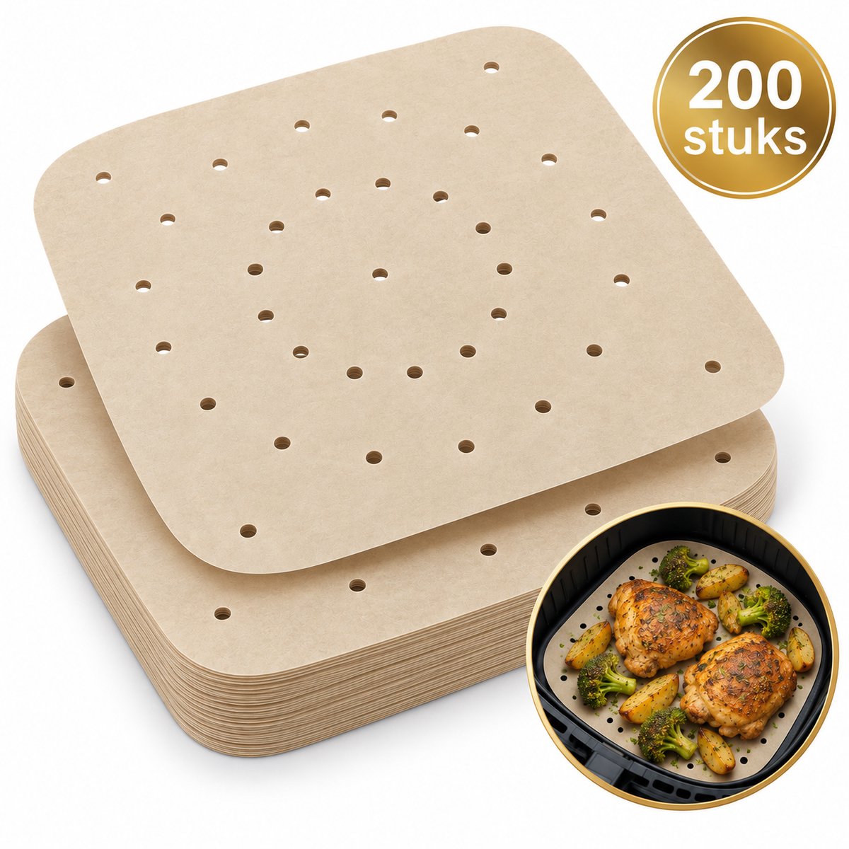 DIVERZA Airfryer Bakpapier – Heteluchtfriteuse bakpapier – 200 Stuks – Antiaanbaklaag – 22,5 x 22,5 cm