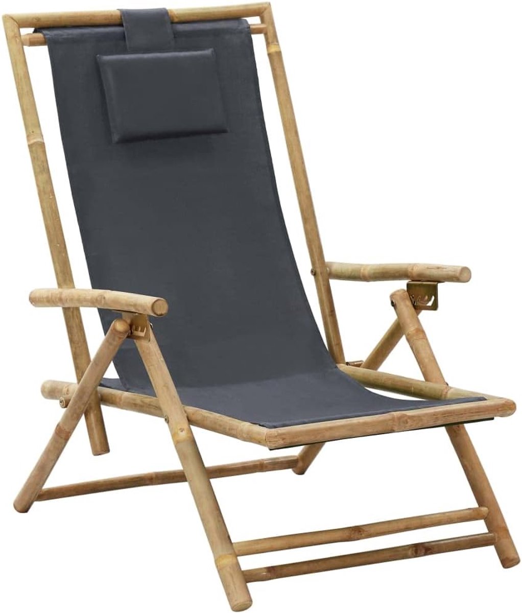 Relaxstoel van bamboe met verstelbare rugleuning in 4 standen, donkergrijs met kussen en stoffen zitje, belastbaar tot 110 kg, ideaal voor in de tuin