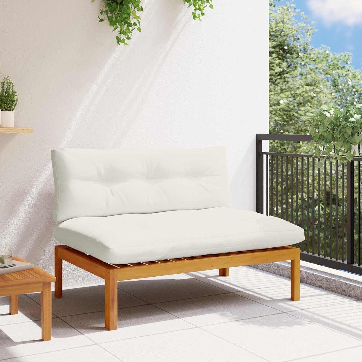Bank van massief acaciahout, natuurlijk design met crèmewitte bekleding, 120 x 80 x 82 cm, voor tuin en eetkamer