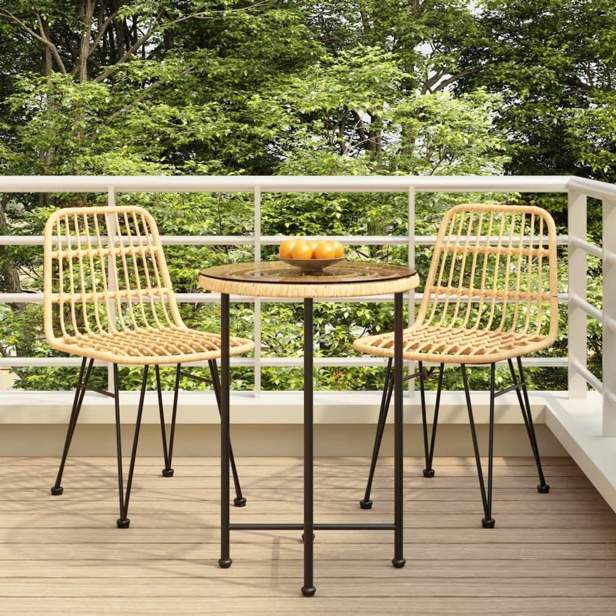 3-delige tuineetset polyrotan met stalen frame en tafel van gehard glas, inclusief 2 stoelen met rugleuning voor maximaal 110 kg per zitplaats, onderhoudsvriendelijke PE rotan set voor de