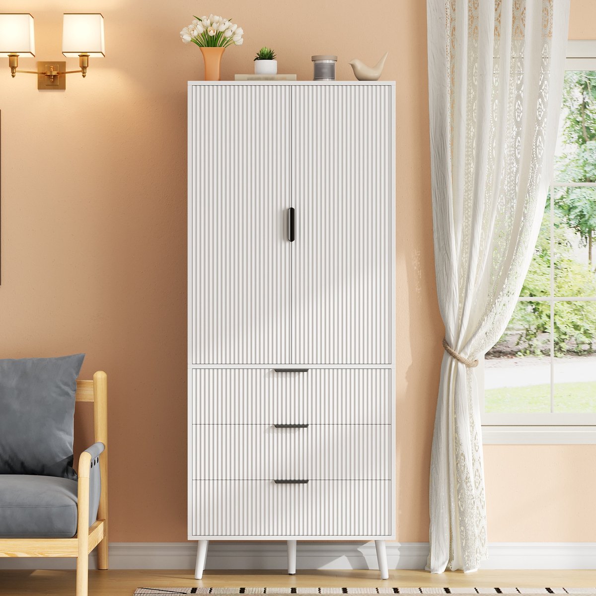 MIVRAY Keukenkast - Hoge Opbergkast Met 2 Deuren En 3 Laden - Voor Keuken Woonkamer En Eetkamer - MDF Wit - 75x35x180 Cm