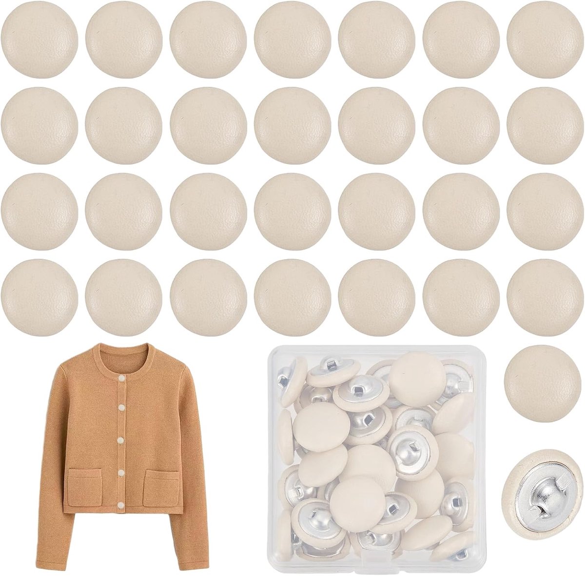Knopen met kunstlederen bekleding, naaiknoop met ronde metalen schacht, beige voor bankdecoratie, knutselen