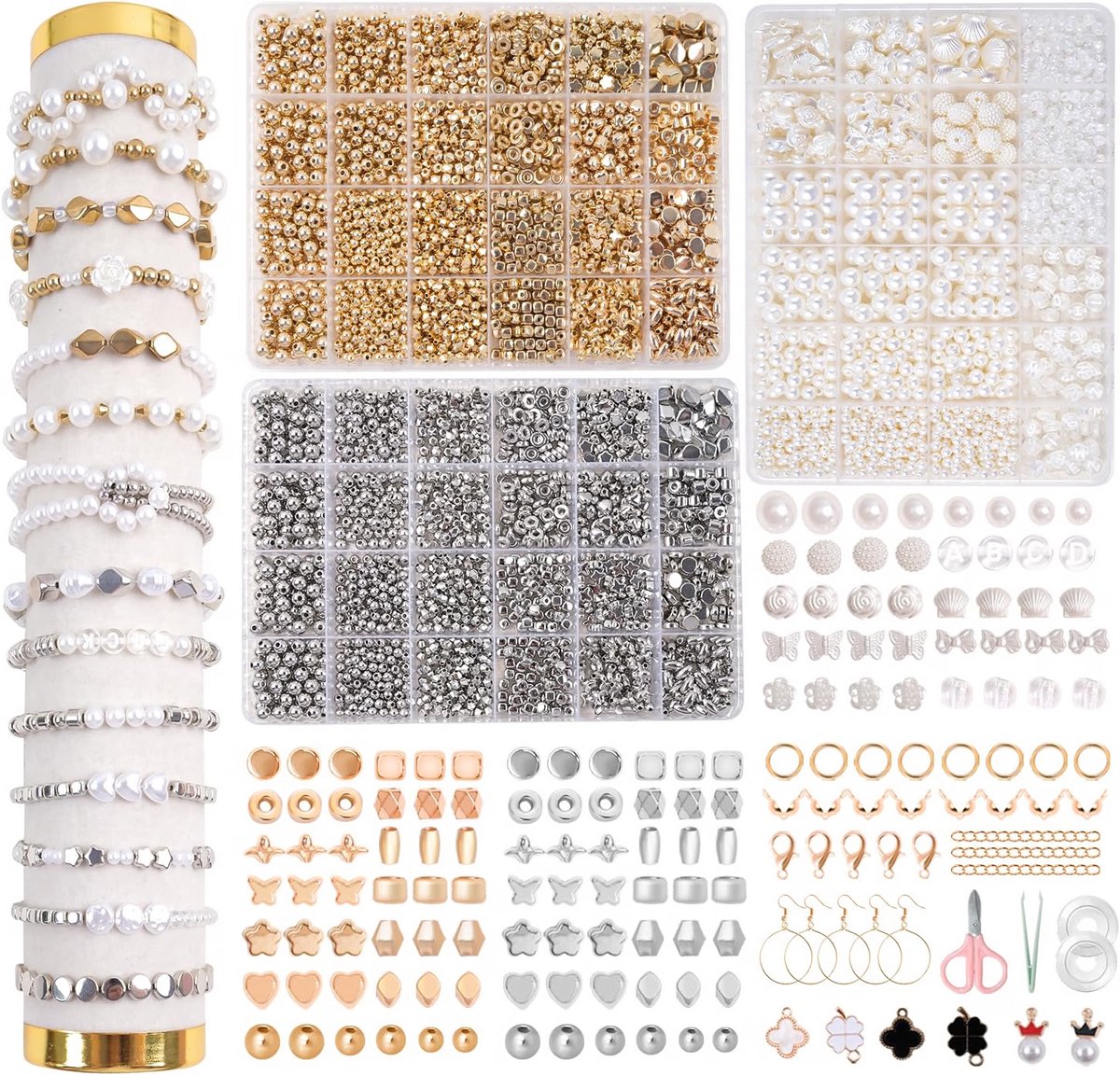 Kralenset voor armbanden - Parels sieraden maken - Letterkralen met bedels - Goudkleurige accessoires - Zilverkleurige details - Inclusief gereedschap - Creatief cadeau - Wit goud zilver - 3 dozen