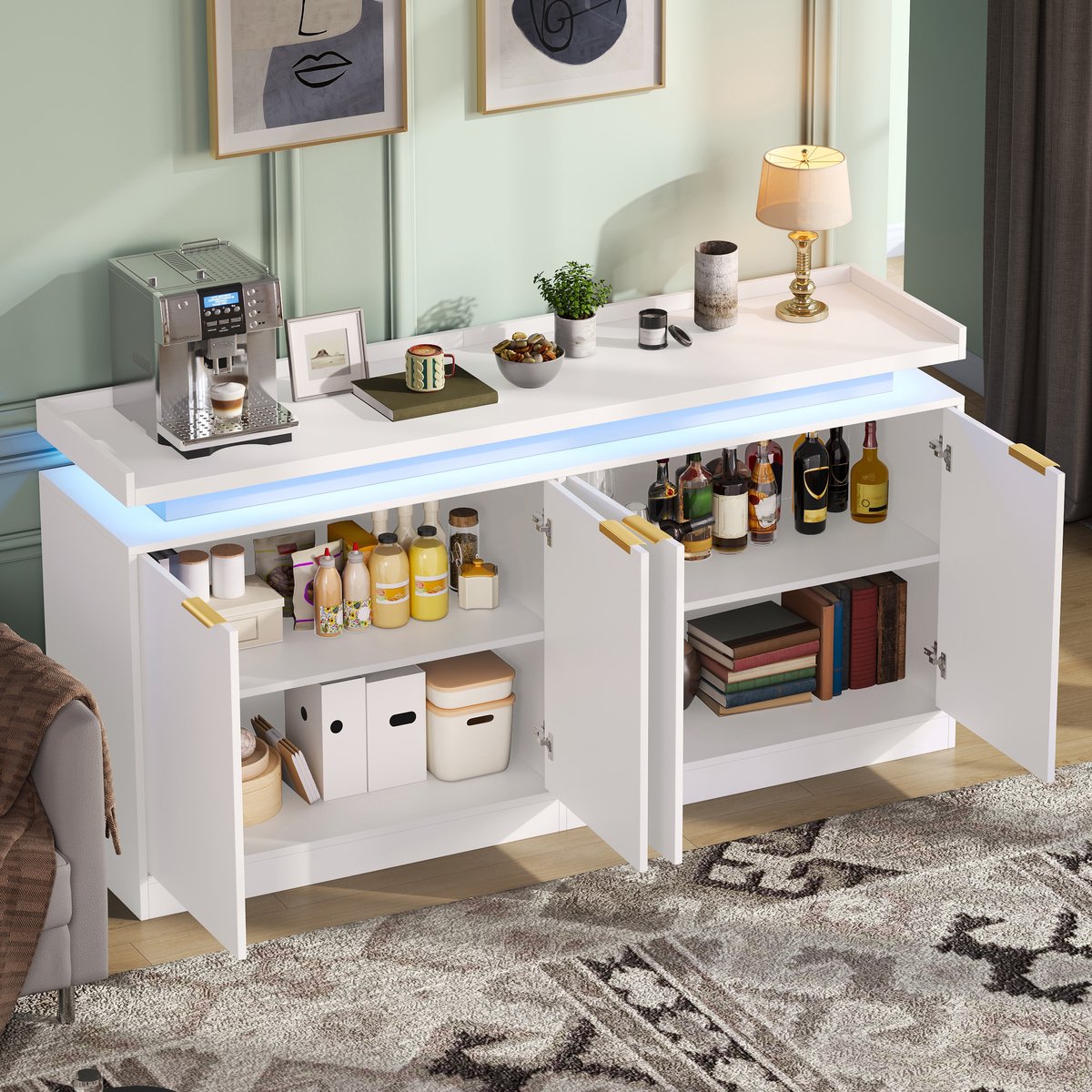 MIVRAY Keukenkast - Vier Deuren Met RGB LED-Verlichting - Opbergruimte Voor Keuken, Eetkamer En Woonkamer - MDF - 160x39x83 Cm - Wit