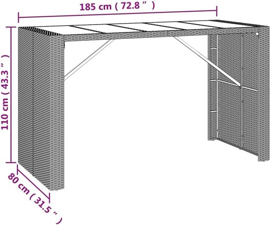 Bartafel met glasplaat, zwart, 185 x 80 x 110 cm, polyrotan — afbeelding 2